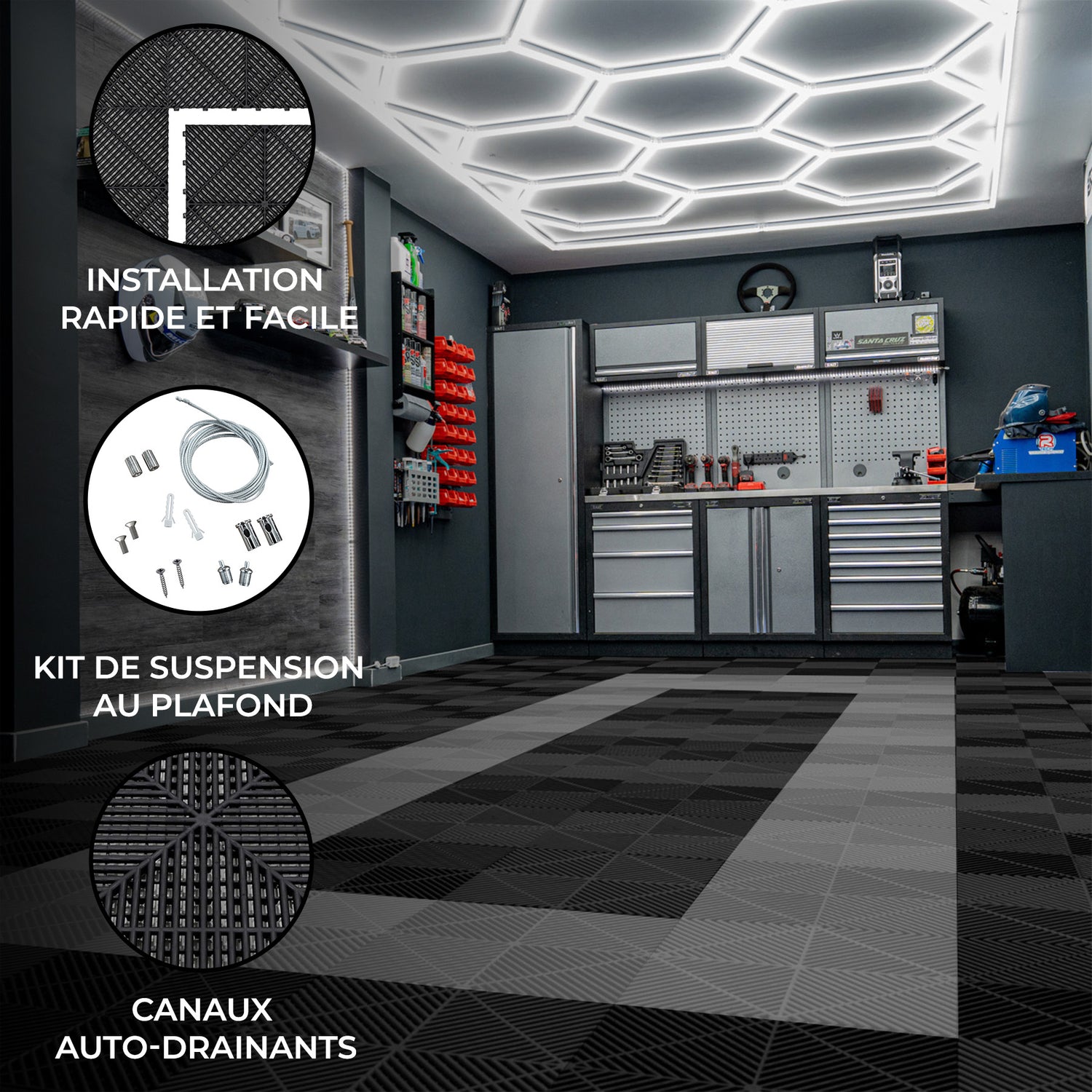 Lampes Hexagones & Carrelage de Sol Ventilé Pour Garage Avec Bordure (x165 Noir x60 Gris)