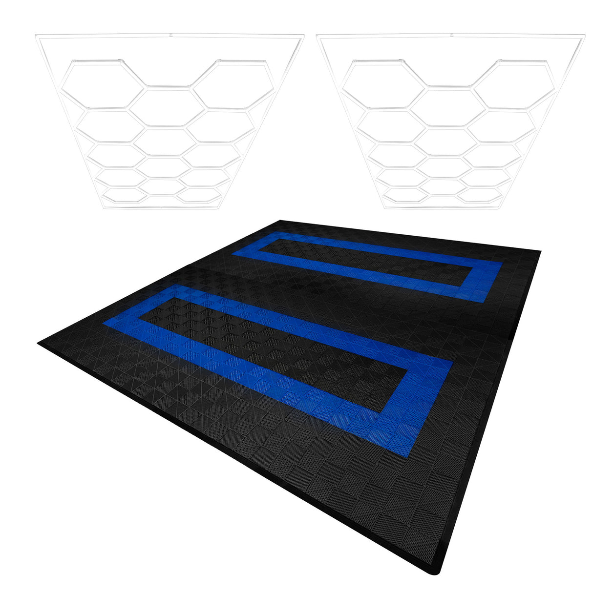 Lampes Hexagones & Carrelage de Sol Ventilé Pour Garage Avec Bordure (x165 Noir x60 Bleu)