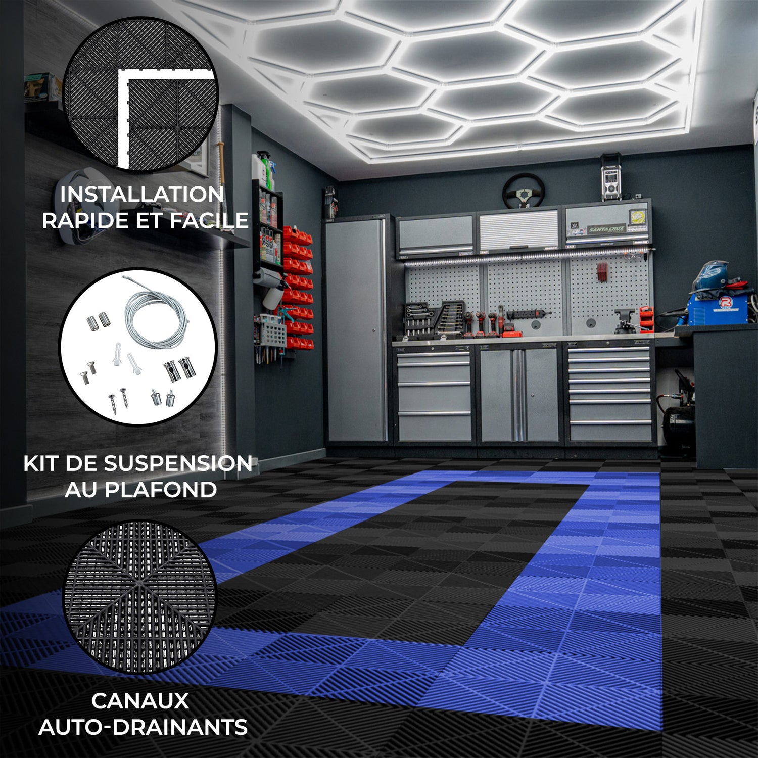 Lampes Hexagones & Carrelage de Sol Ventilé Pour Garage Avec Bordure (x165 Noir x60 Bleu)