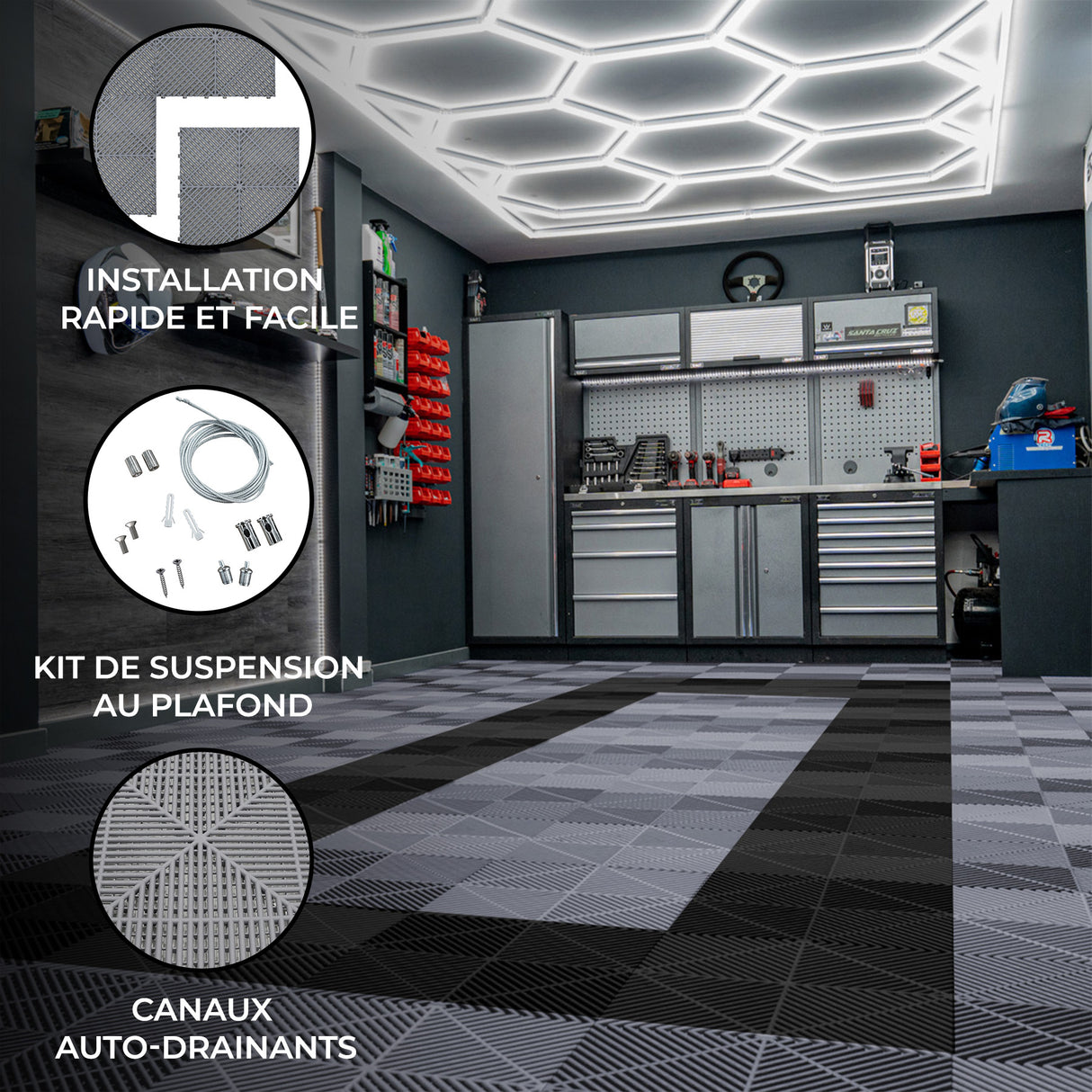Lampes Hexagones & Carrelage de Sol Ventilé Pour Garage Avec Bordure (x165 Gris x60 Noir)