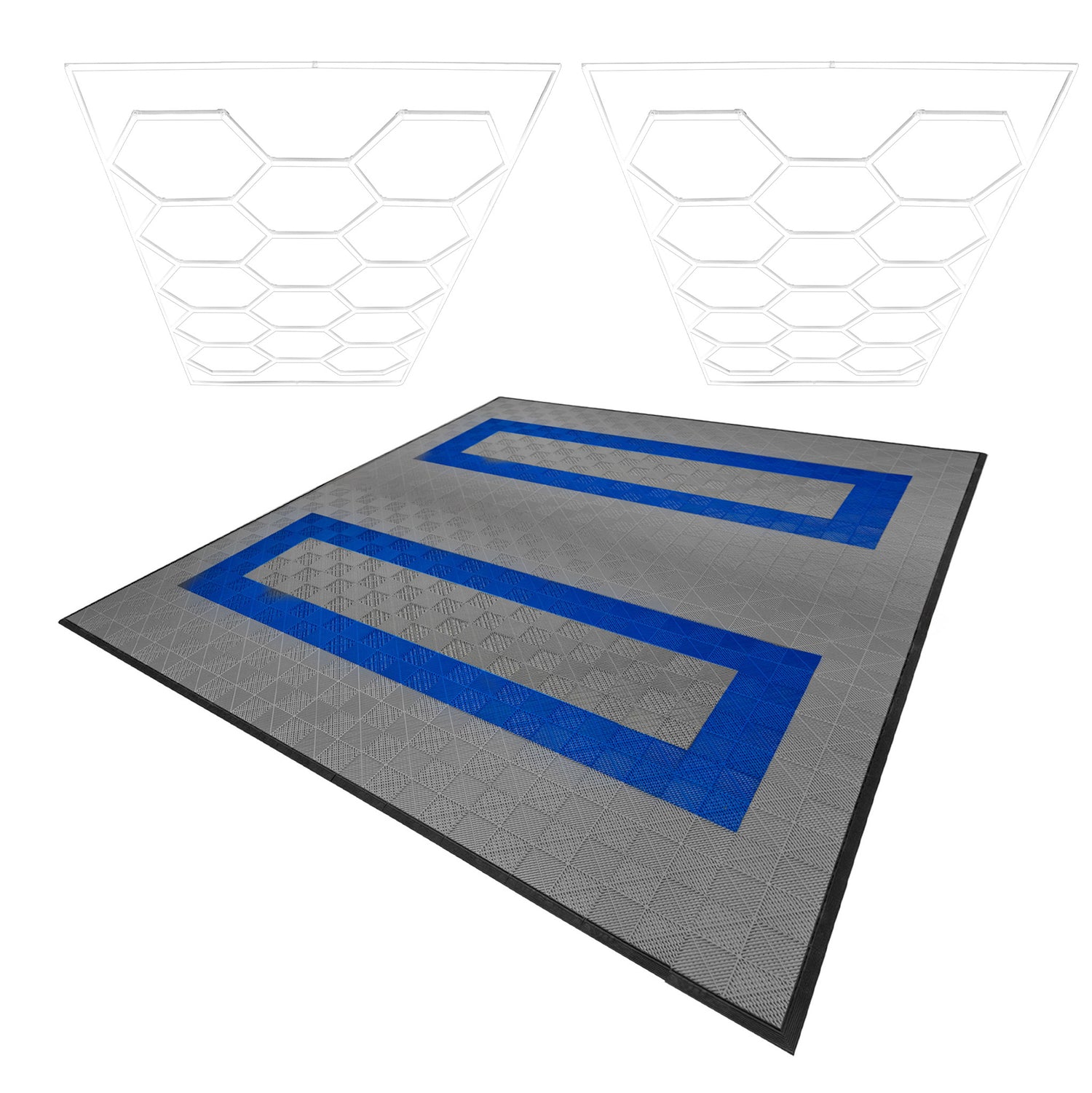 Lampes Hexagones & Carrelage de Sol Ventilé Pour Garage Avec Bordure (x165 Gris x60 Bleu)