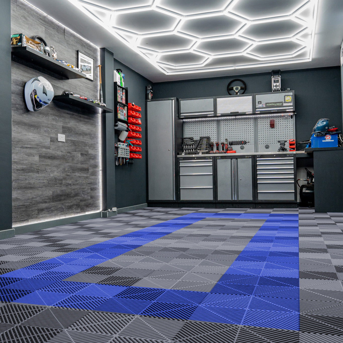 Lampes Hexagones & Carrelage de Sol Ventilé Pour Garage Avec Bordure (x165 Gris x60 Bleu)