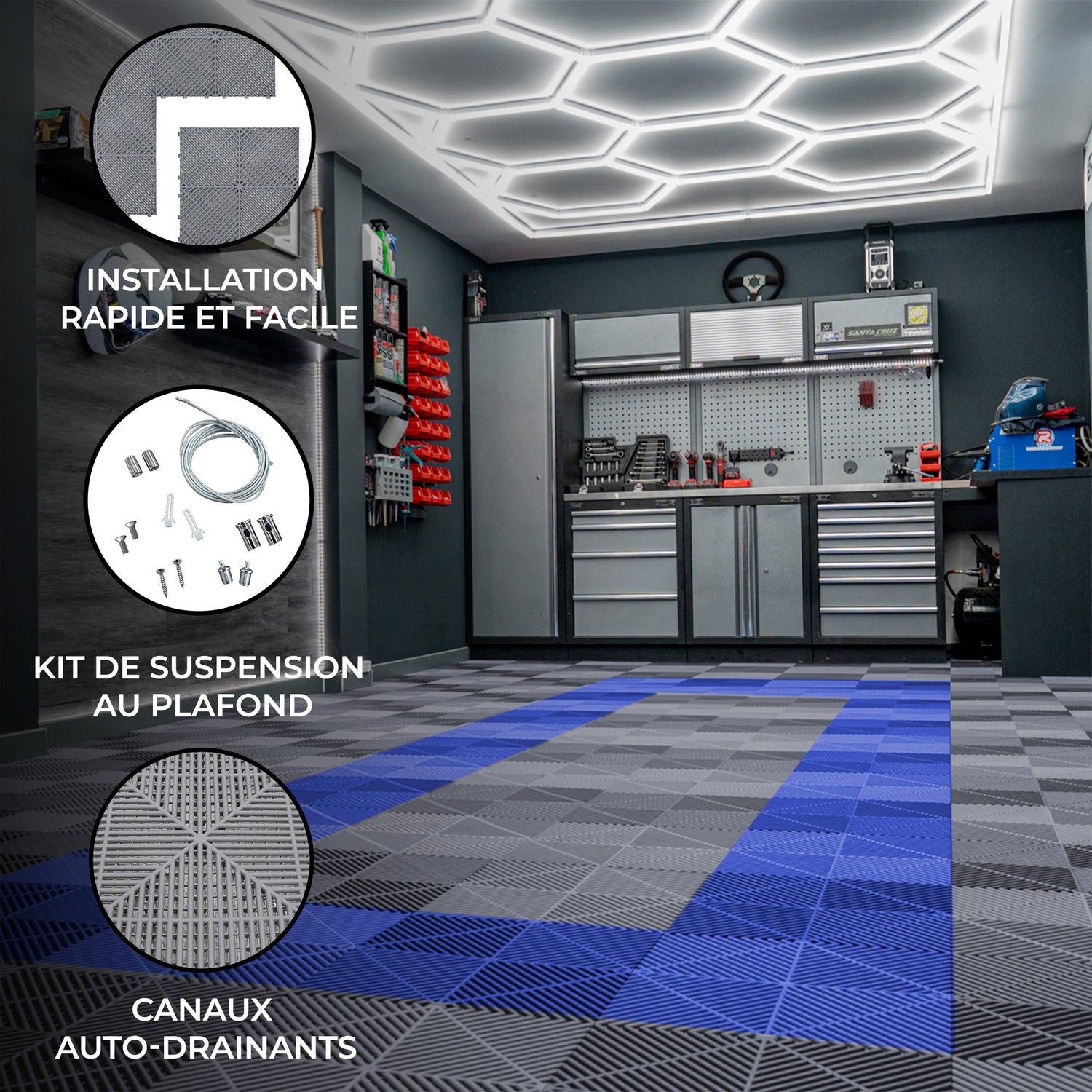 Lampes Hexagones & Carrelage de Sol Ventilé Pour Garage Avec Bordure (x165 Gris x60 Bleu)