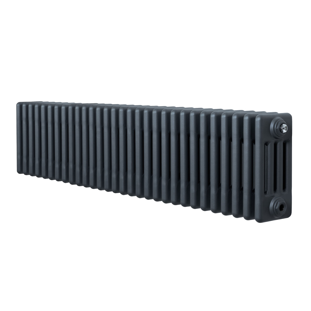 Radiateur traditionnel à 4 colonnes en gris anthracite, long et étroit, avec une texture lisse et des finitions soignées