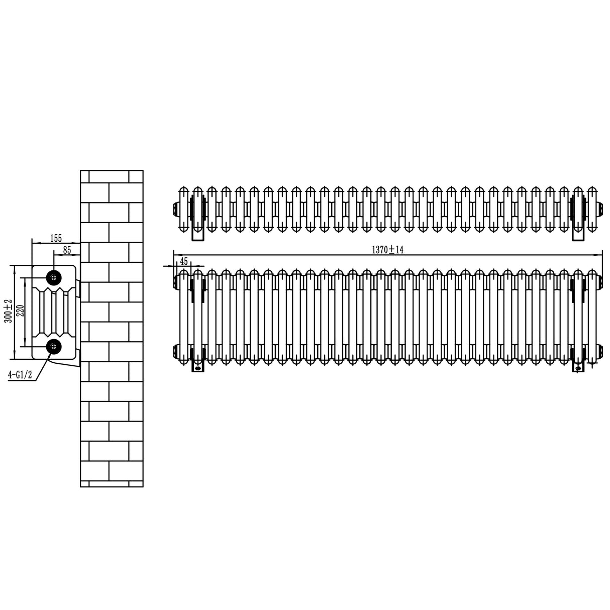 Radiateur traditionnel à 4 colonnes gris anthracite, dimensions 300 x 1370 mm, design élégant et finitions soignées, idéal pour le chauffage intérieur