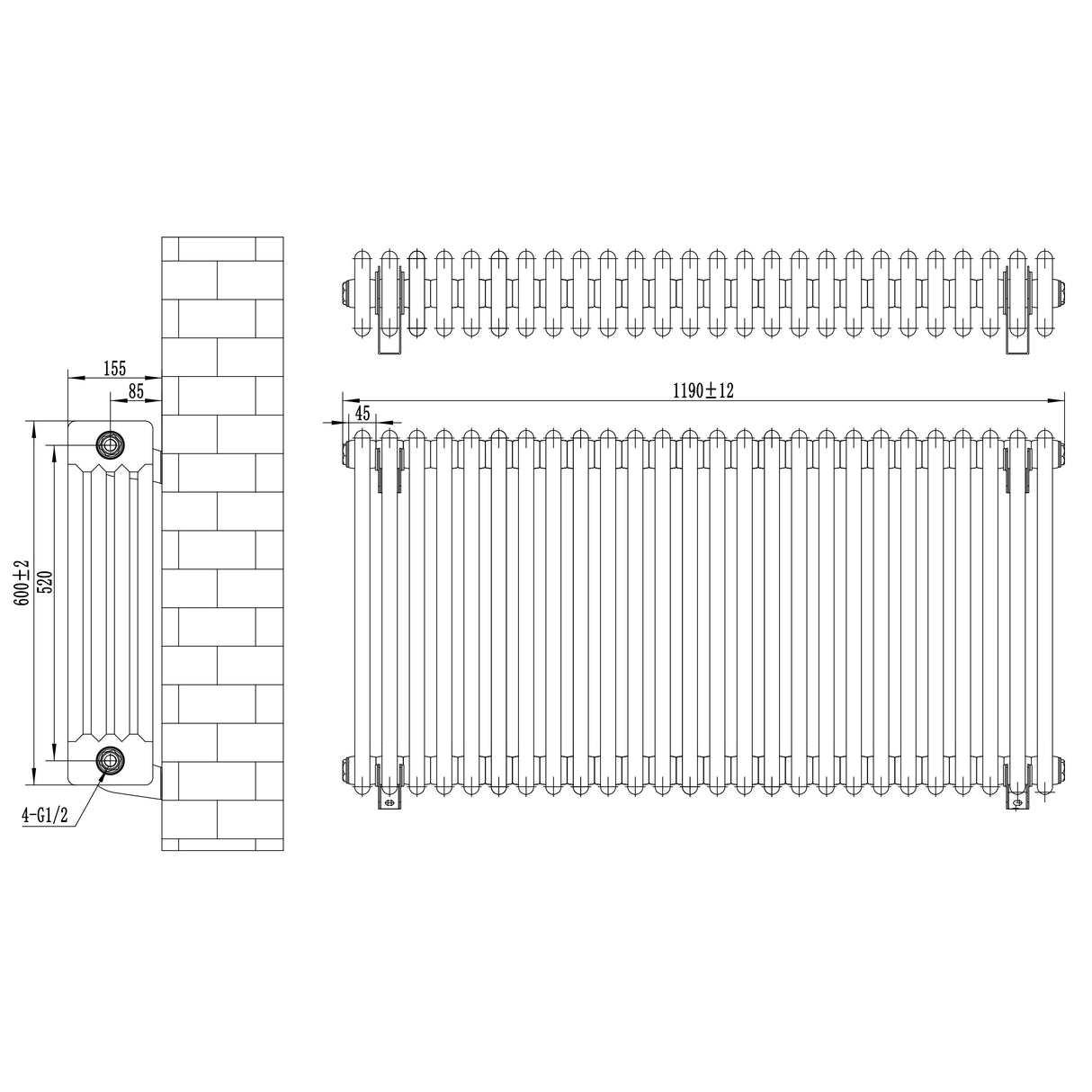 Radiateur traditionnel à 4 colonnes, blanc, dimensions 600 x 1190 mm, avec une texture lisse et un design élégant adapté à tout intérieur