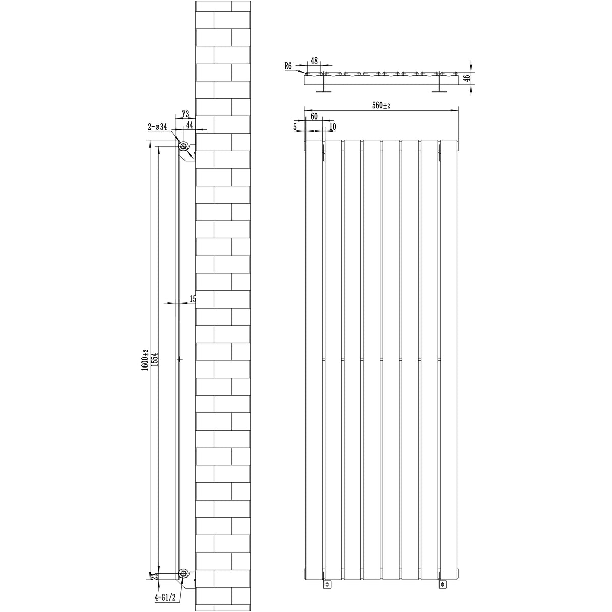 Radiateur plat à un panneau, dimensions 1600 x 560 mm, finition blanche, design moderne et épuré avec des lignes verticales élégantes
