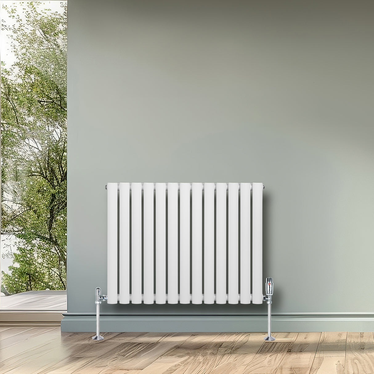 Radiateur à colonnes ovales blanc, 1 panneau, 600 x 780 mm, installé sur un mur gris, avec des pieds chromés et un sol en bois clair