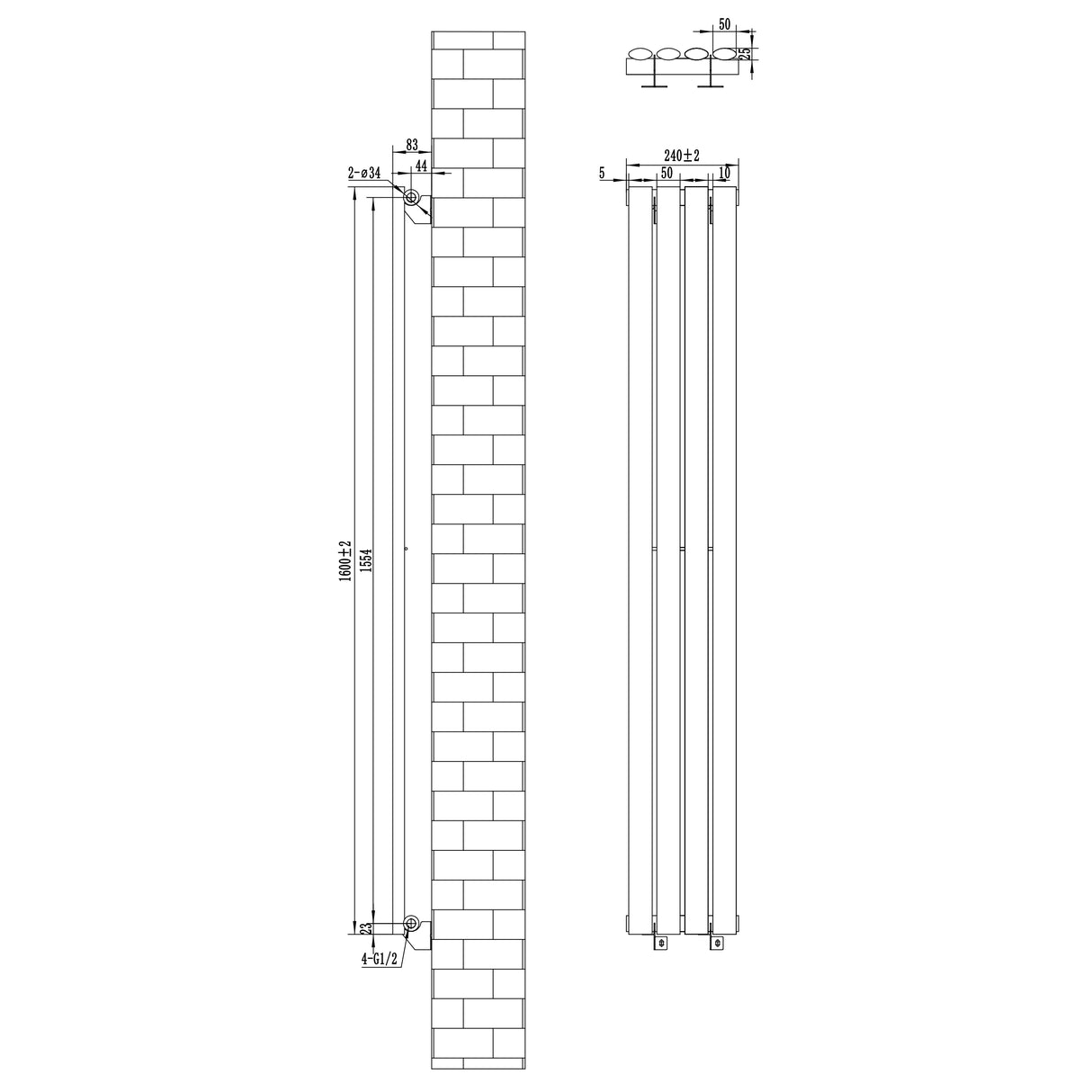 Radiateur à colonnes ovales noir, dimensions 1600 x 240 mm, avec un design élégant et moderne, idéal pour un intérieur contemporain