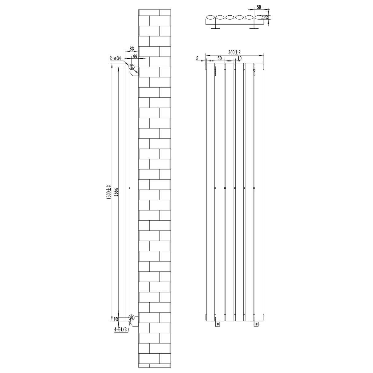Radiateur à colonnes ovales gris anthracite, dimensions 1600 x 360 mm, design moderne et élégant, surface lisse et épurée