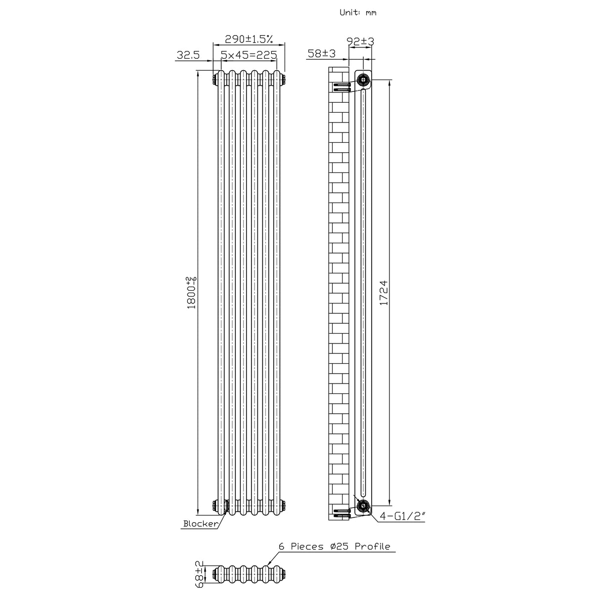Radiateur Traditionnel à 2 Colonnes - 1800 x 290 mm - Métal Brut