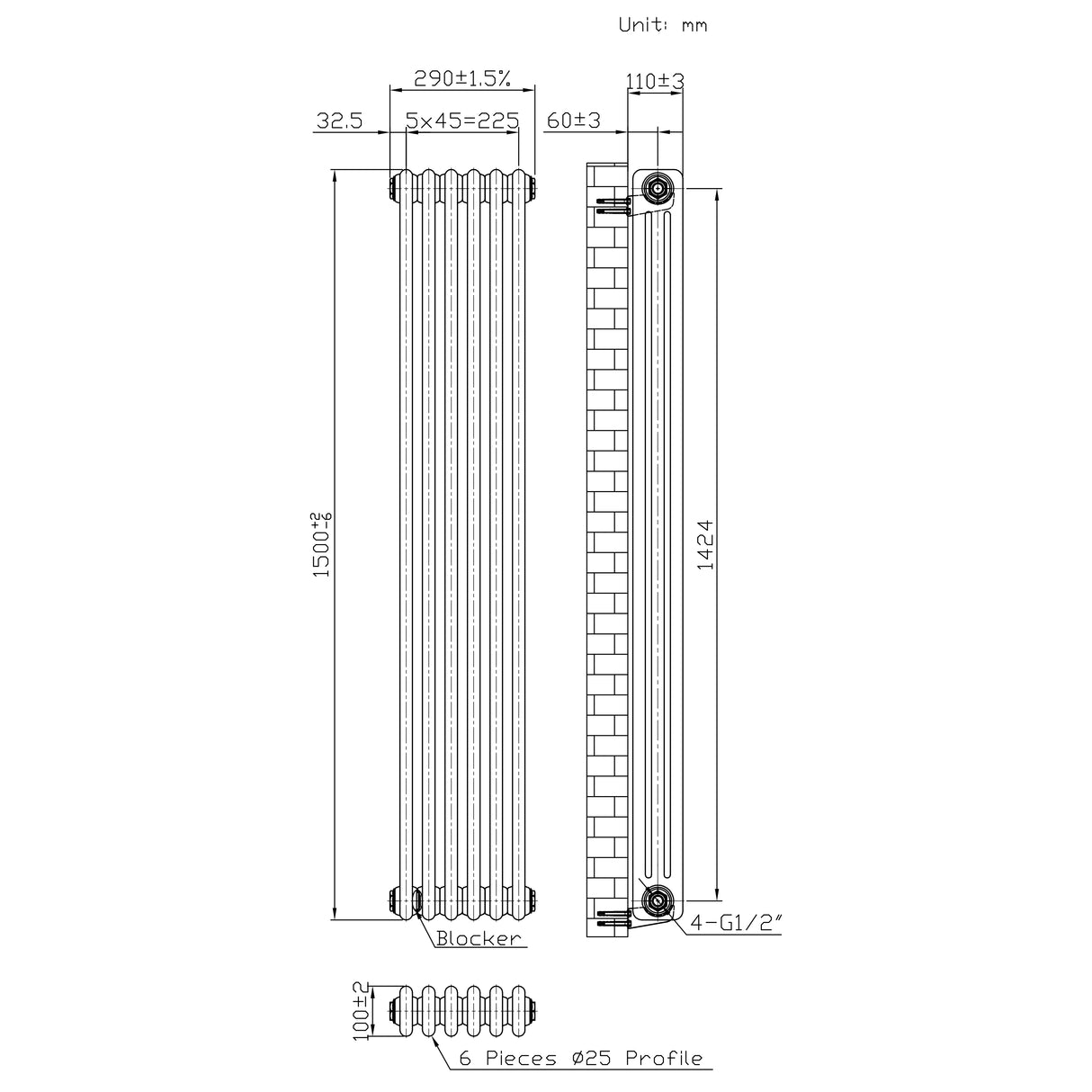 Radiateur Traditionnel à 3 Colonnes - 1500 x 290 mm - Métal Brut