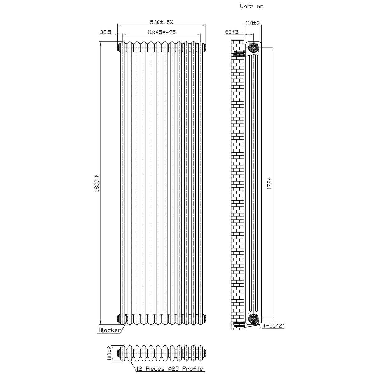 Radiateur Traditionnel à 3 Colonnes - 1800 x 560 mm - Métal Brut