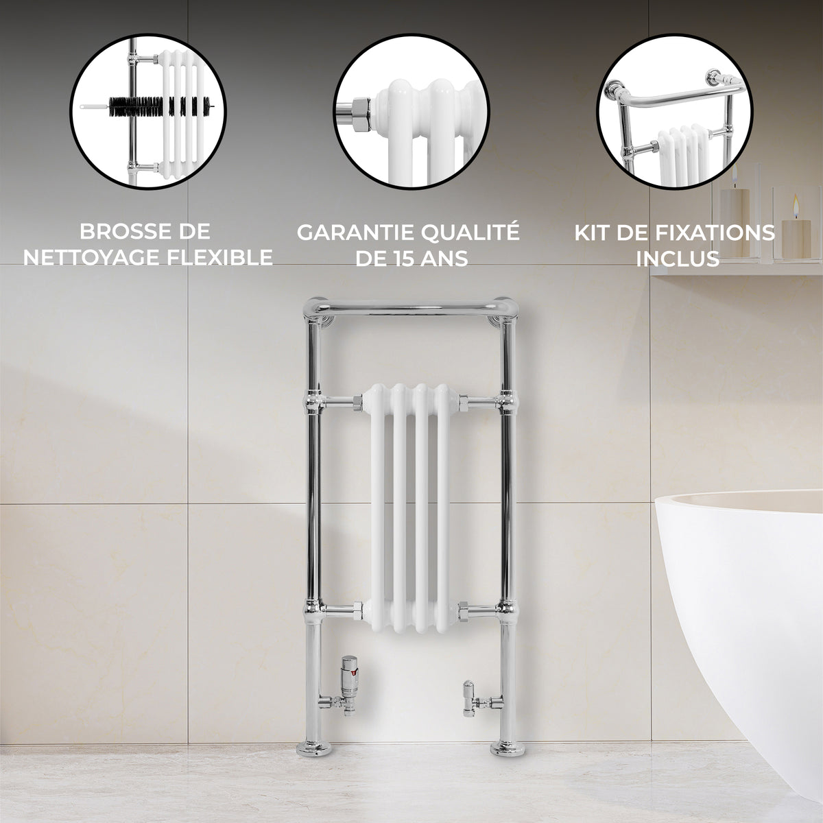 Radiateur en chrome avec tubes blancs, design élégant, idéal pour la salle de bain, incluant un kit de fixations et une brosse de nettoyage flexible