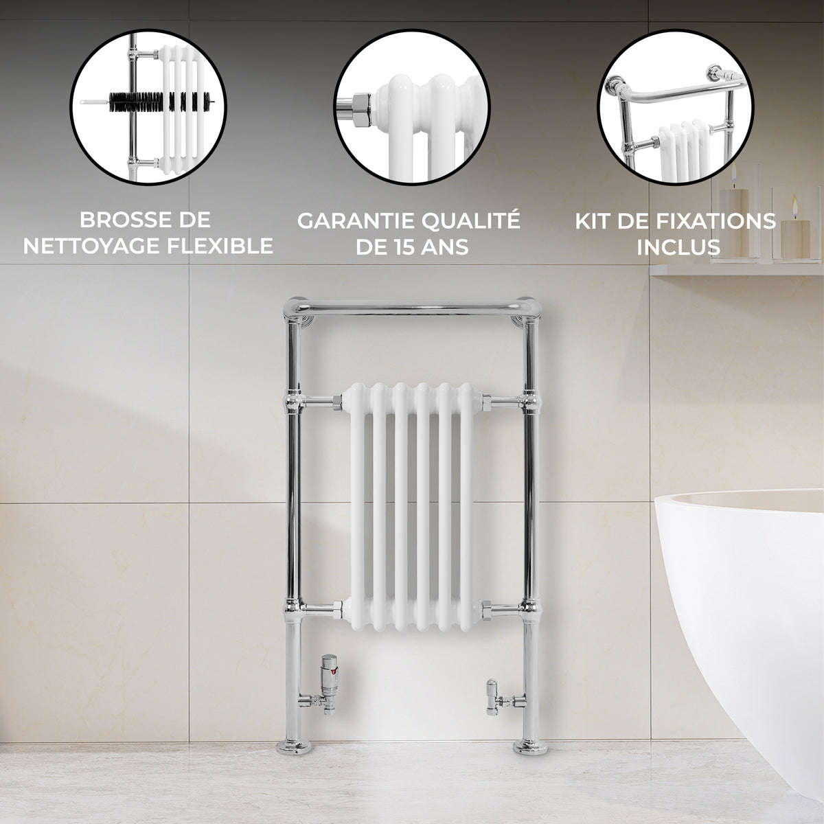 Radiateur en chrome avec tubes blancs, design élégant, garanti 15 ans, kit de fixations inclus, idéal pour salle de bain moderne