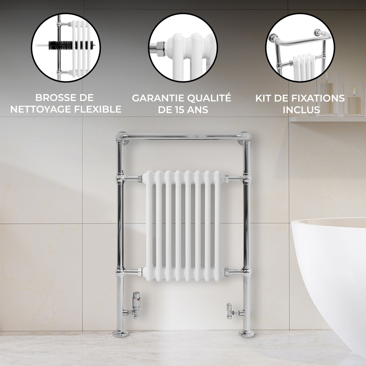 Radiateur en acier inoxydable brillant avec des barres blanches, conçu pour un style moderne, accompagné d'un kit de fixation et d'une brosse de nettoyage