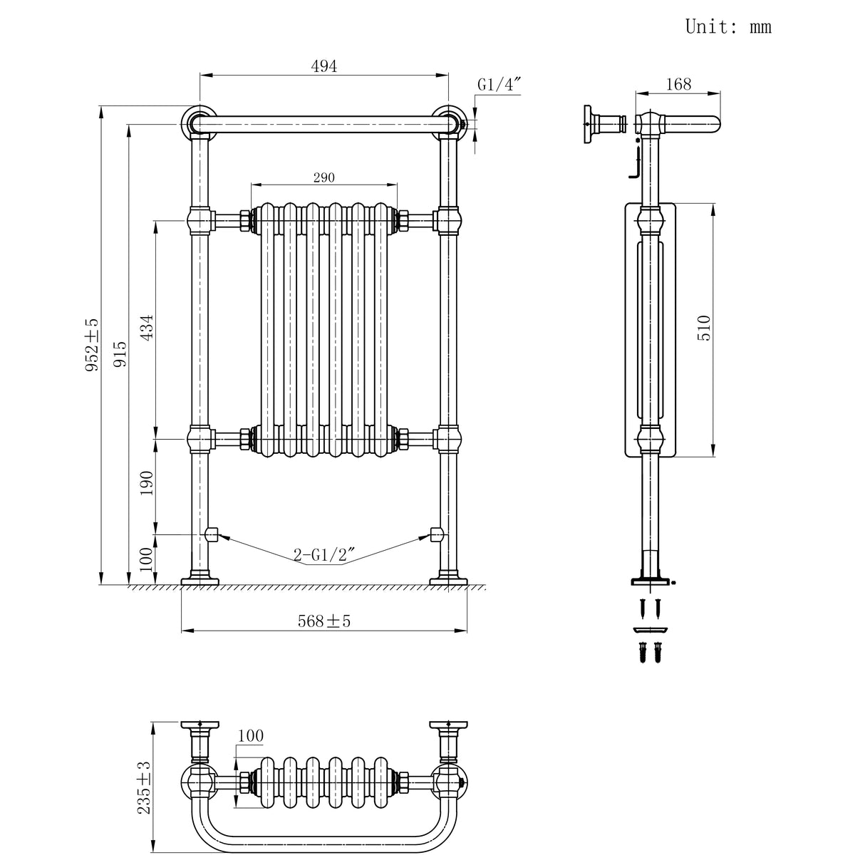 Radiateur Traditionnel Sèche-Serviettes - 950 mm x 570 mm - Gris Anthracite