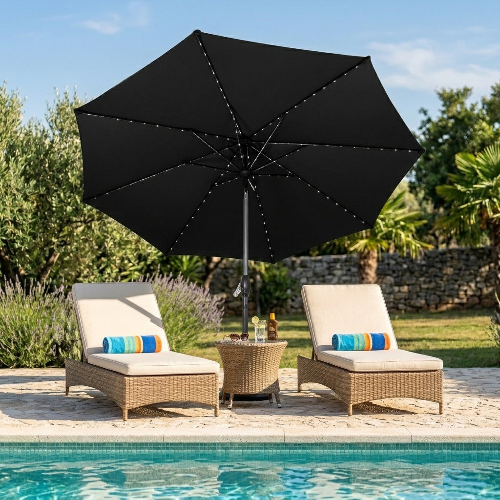 Parasol Inclinable à LED 2,7 m & Socle en Béton - Noir