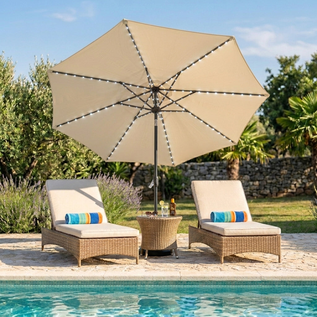 Parasol Inclinable à LED 2,7 m & Socle en Béton - Crème