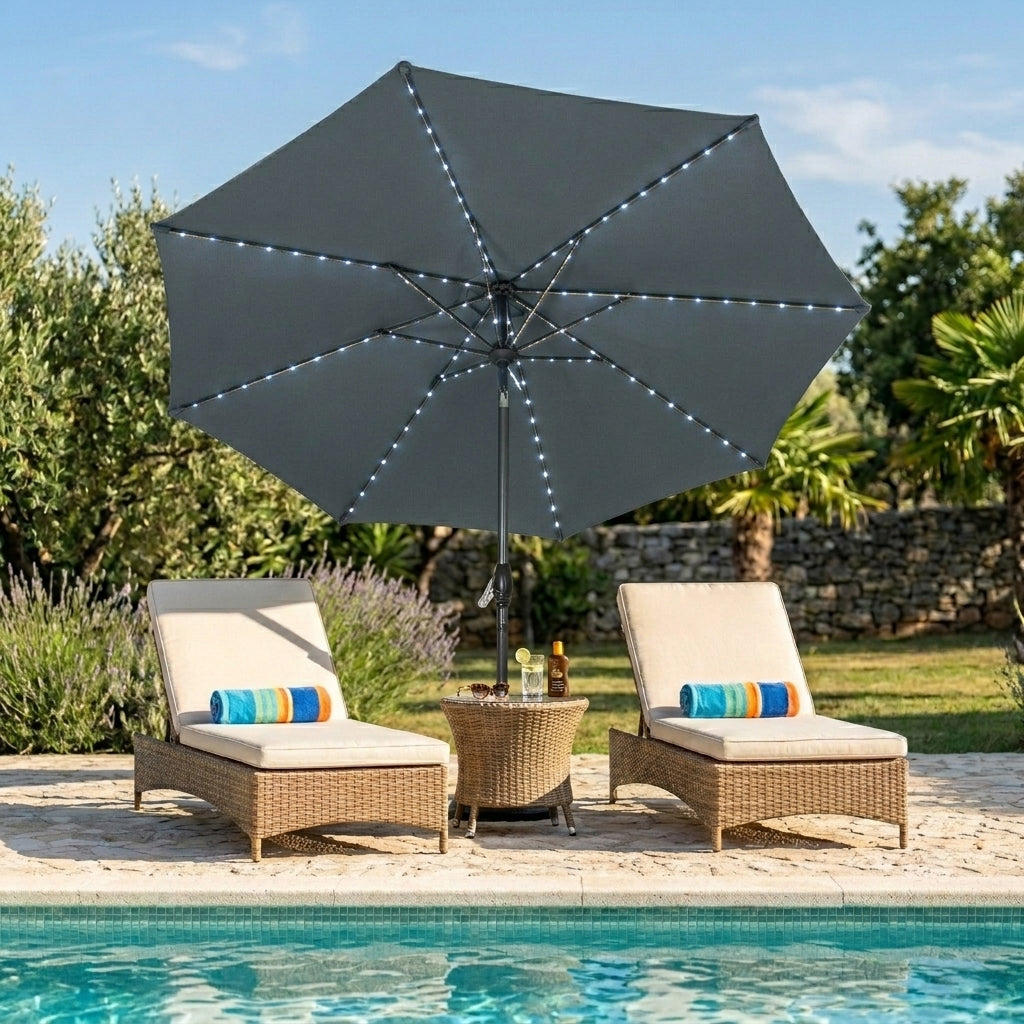 Parasol Inclinable à LED 2,7 m & Socle en Béton - Gris