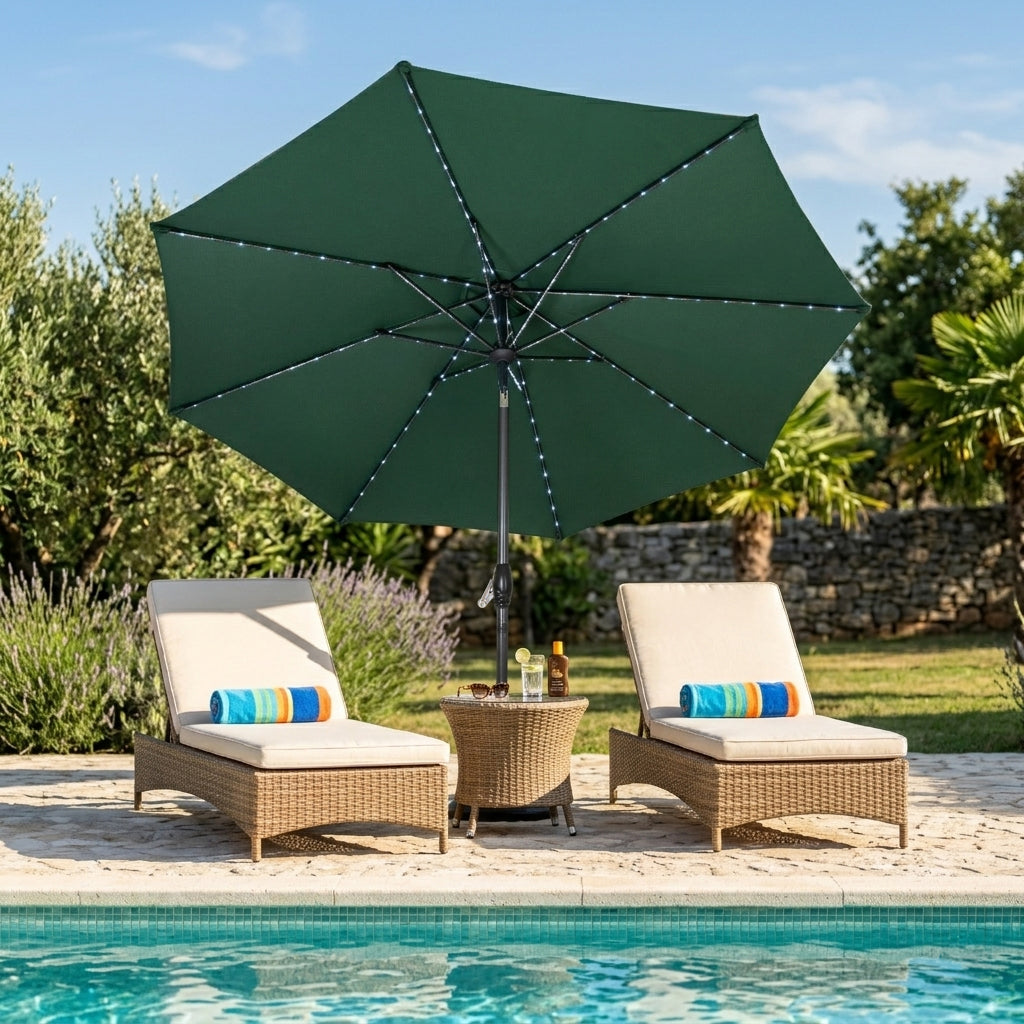 Parasol Inclinable à LED 2,7 m & Socle en Béton - Vert