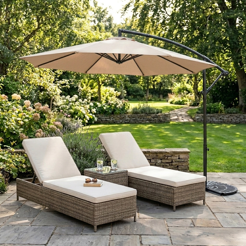 Parasol Banane à Mât Déporté 3 m & 2 Pieds en Éventail - Beige