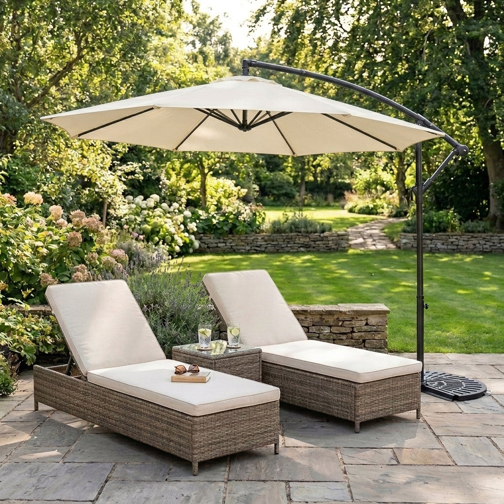 Parasol Banane à Mât Déporté 3 m & 2 Pieds en Éventail - Crème