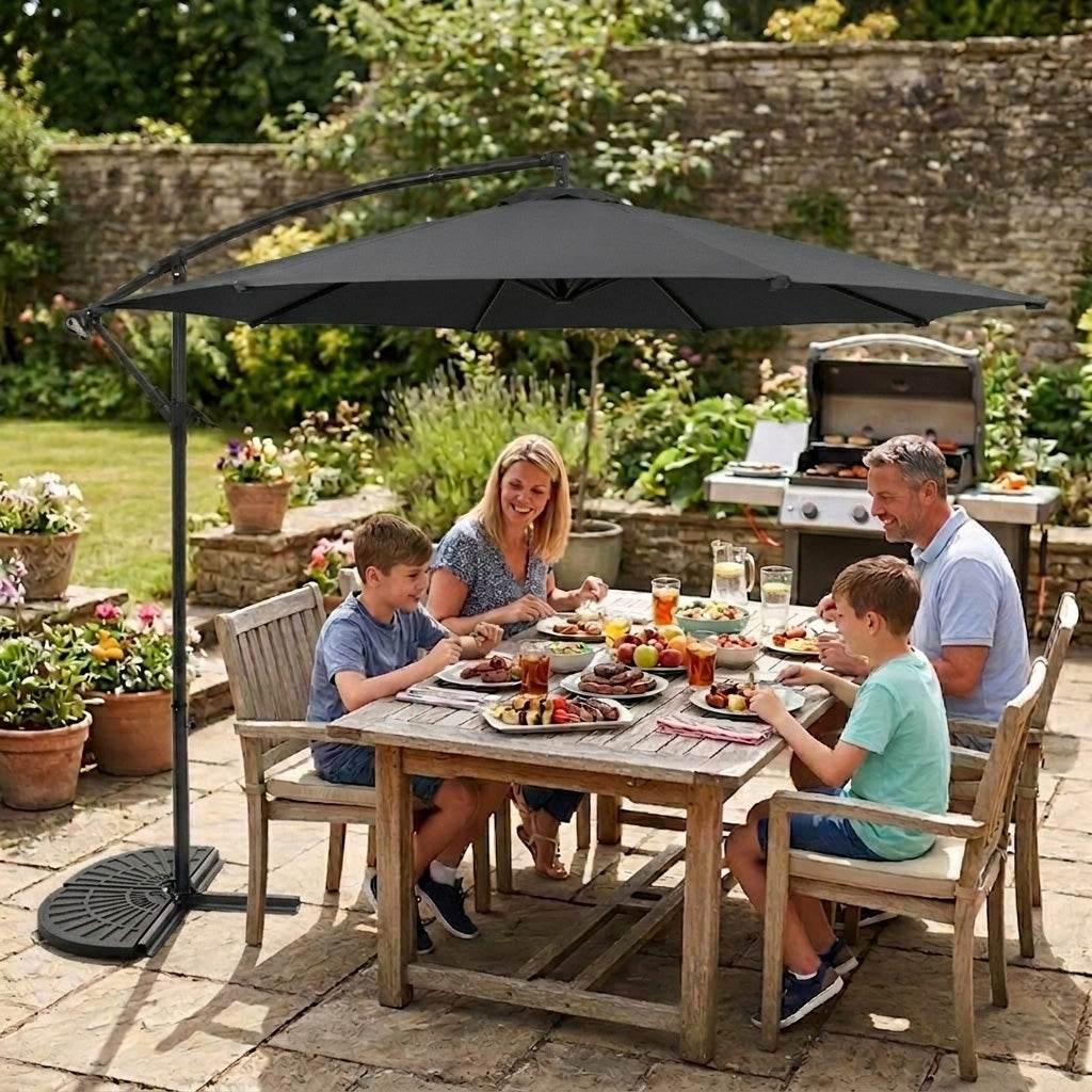 Parasol Banane à Mât Déporté 3 m & 2 Pieds en Éventail - Gris