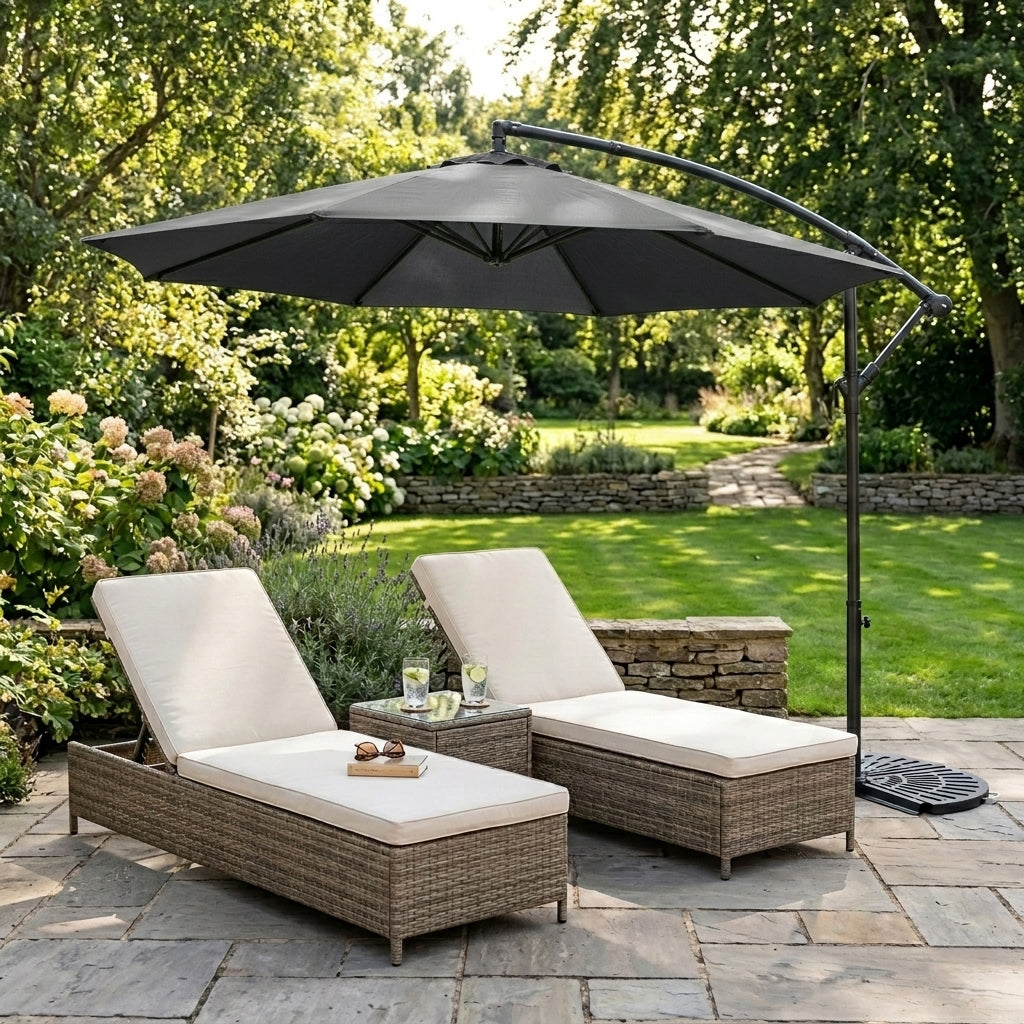 Parasol Banane à Mât Déporté 3 m & 2 Pieds en Éventail - Gris
