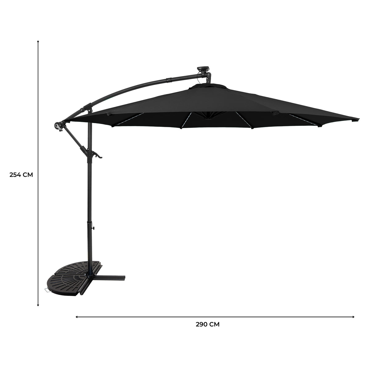 Parasol Banane à Mât Déporté à LED 3 m & 2 Pieds en Éventail - Noir
