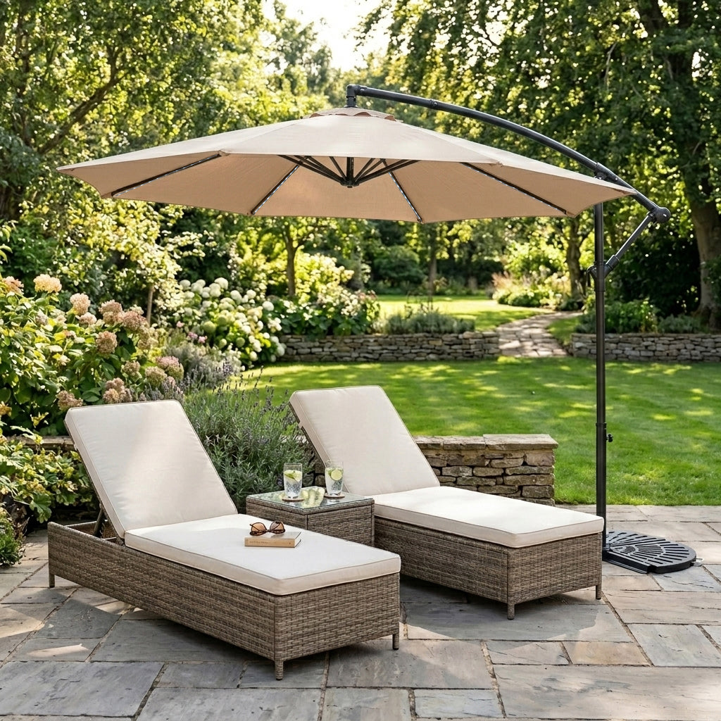 Parasol Banane à Mât Déporté à LED 3 m & 2 Pieds en Éventail - Beige