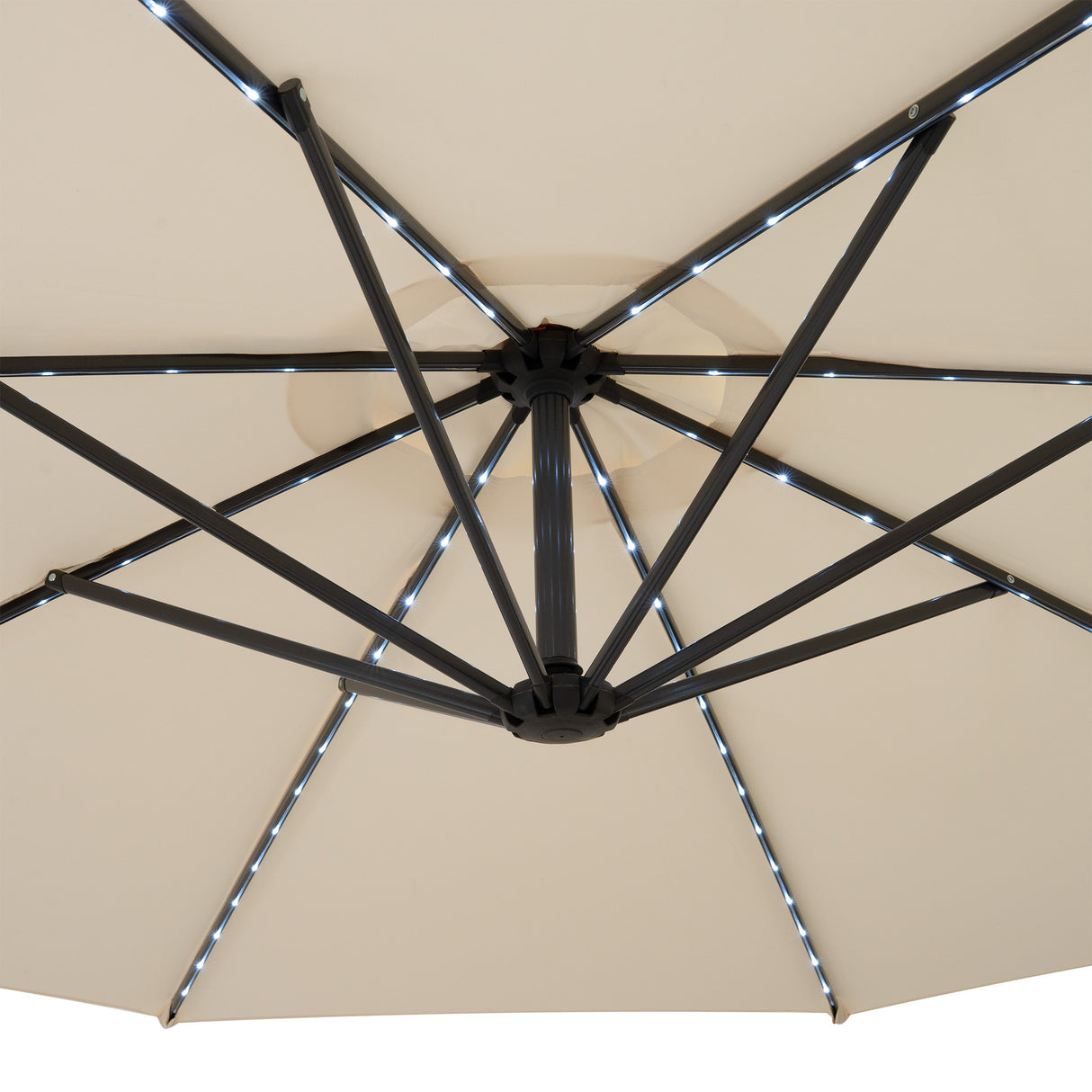 Parasol Banane à Mât Déporté à LED 3 m & 2 Pieds en Éventail - Crème