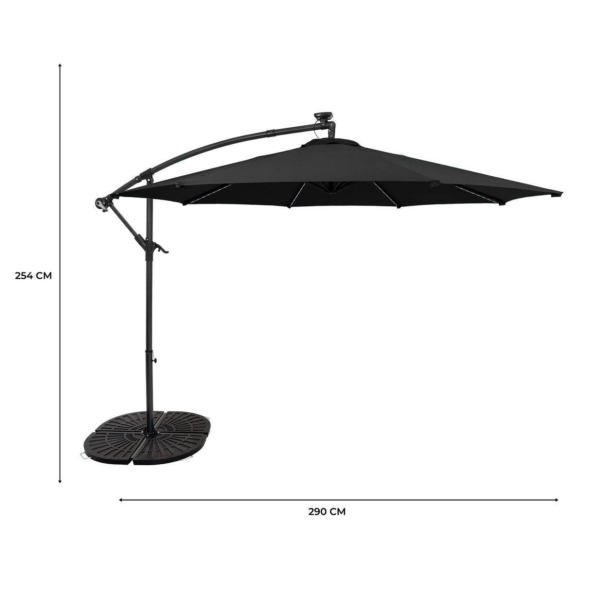 Parasol Banane à Mât Déporté à LED 3 m & 4 Pieds en Éventail - Noir