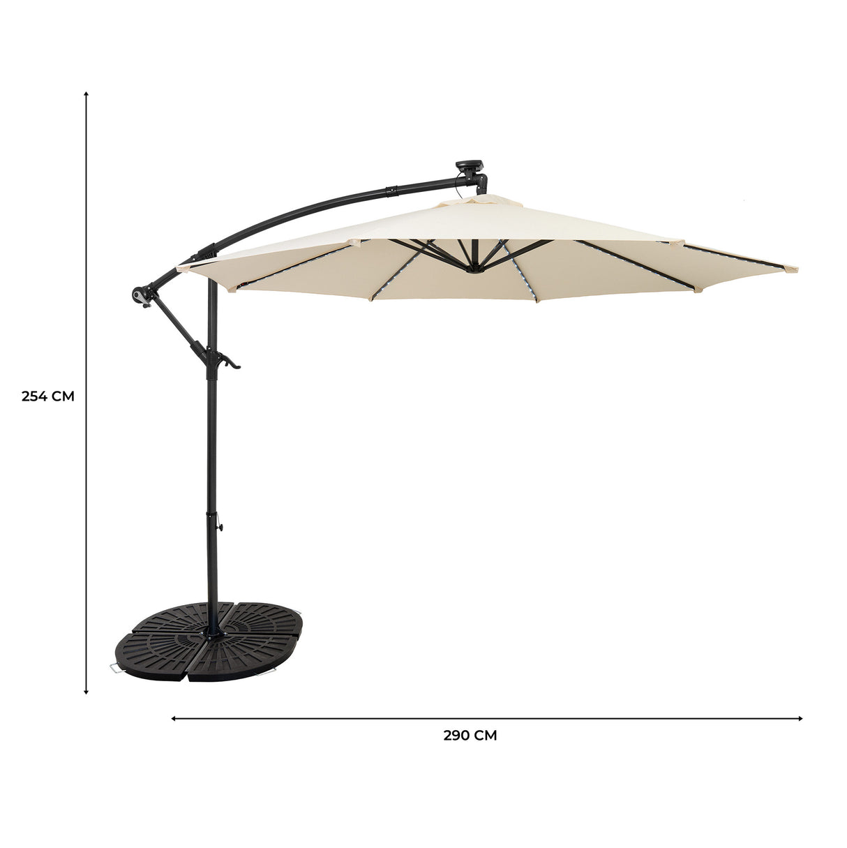 Parasol Banane à Mât Déporté à LED 3 m & 4 Pieds en Éventail - Crème