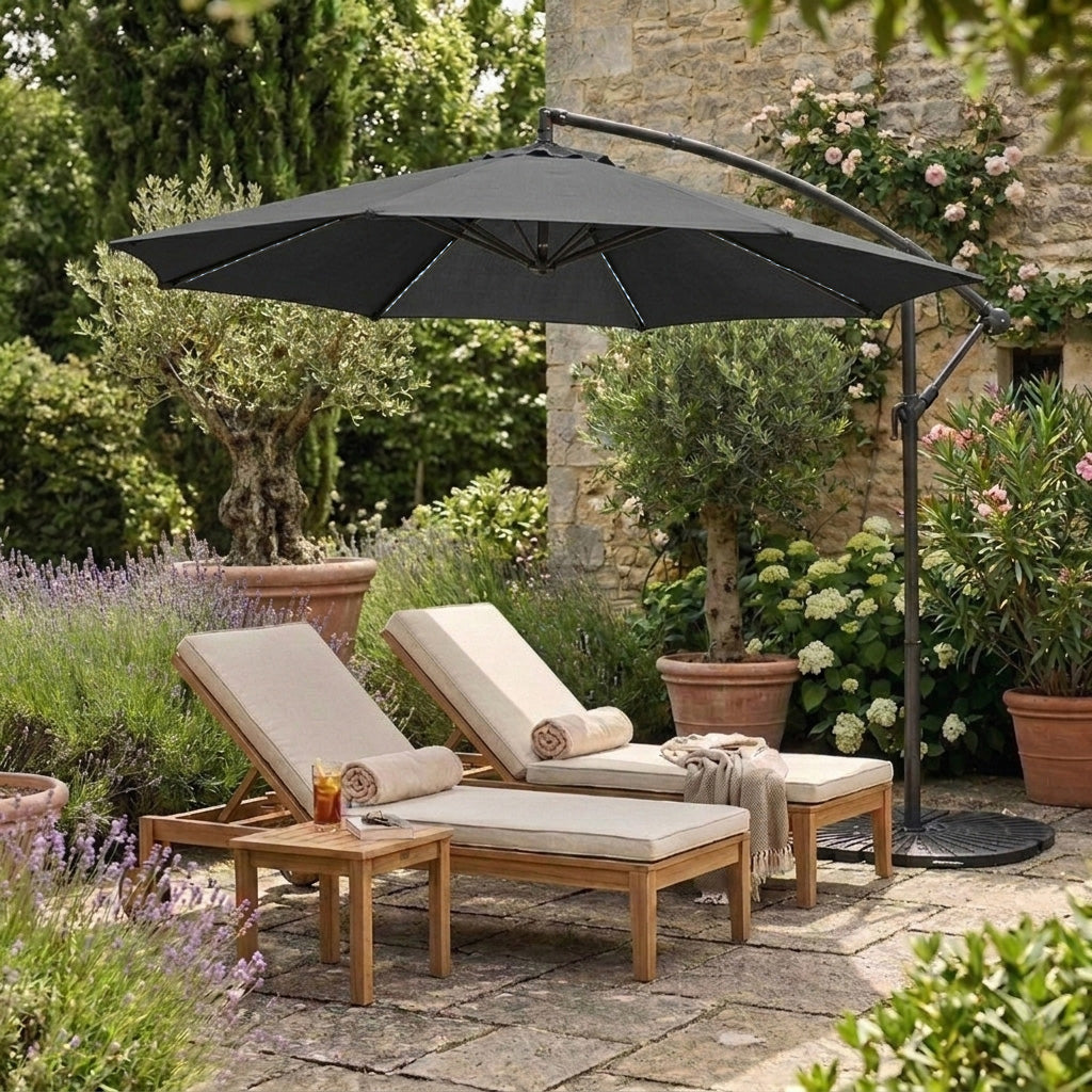 Parasol Banane à Mât Déporté à LED 3 m & 4 Pieds en Éventail - Gris