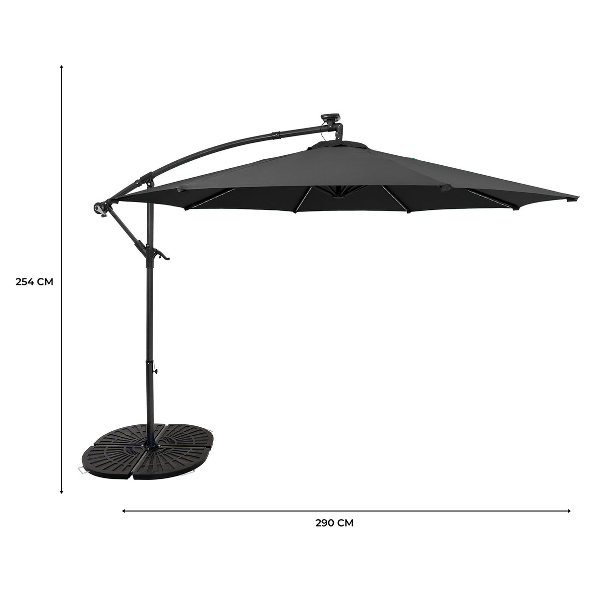 Parasol Banane à Mât Déporté à LED 3 m & 4 Pieds en Éventail - Gris
