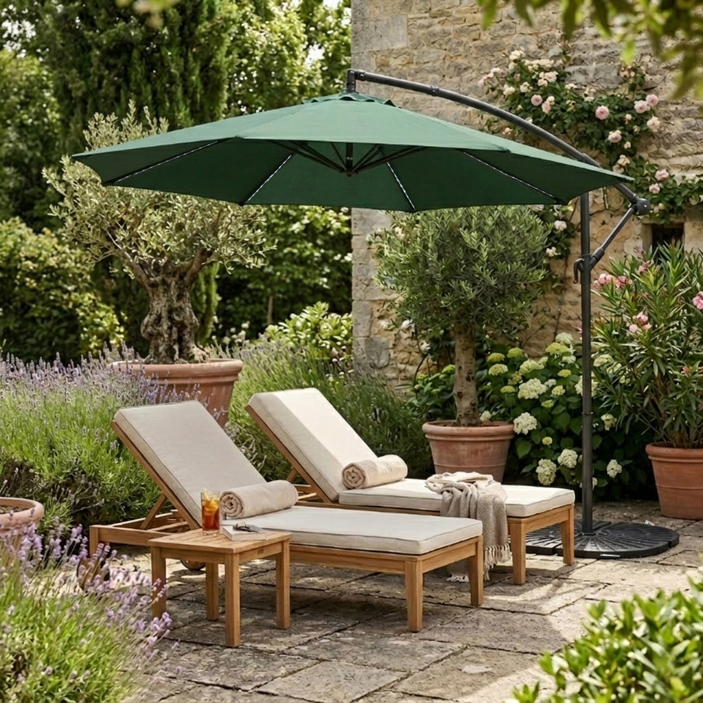 Parasol Banane à Mât Déporté à LED 3 m & 4 Pieds en Éventail - Vert
