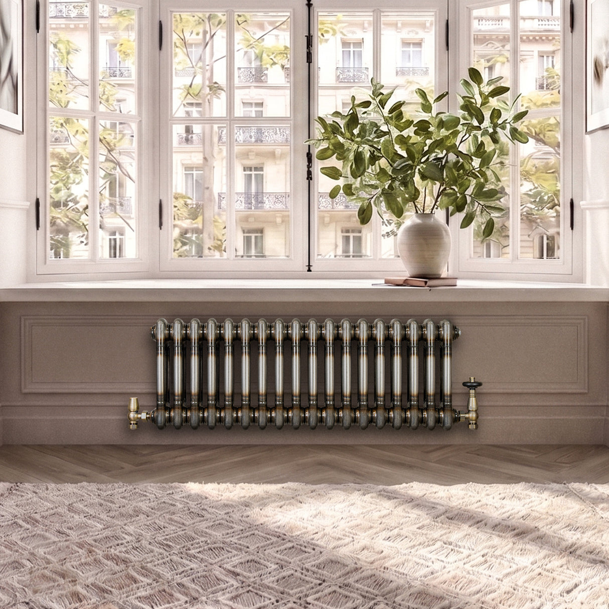 Radiateur Traditionnel à 2 Colonnes & Vannes - 300 x 830 mm - Métal Brut