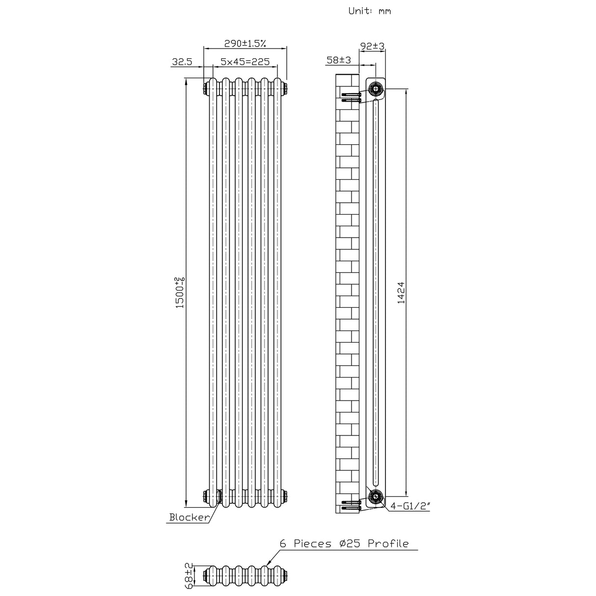 Radiateur Traditionnel à 2 Colonnes & Vannes - 1500 x 290 mm - Métal Brut