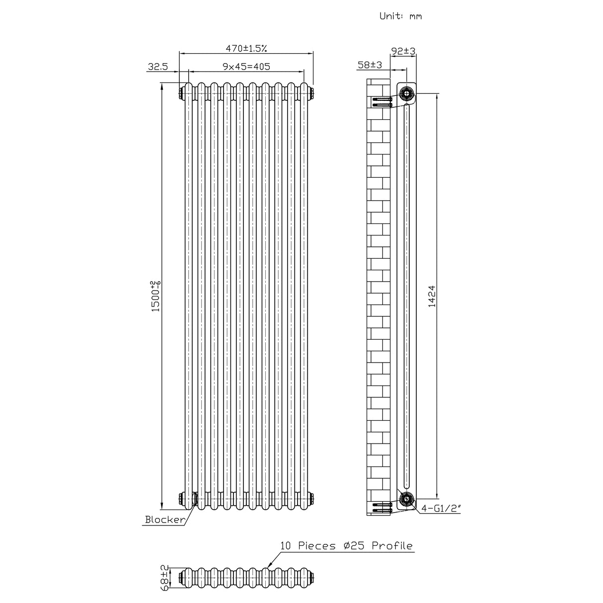 Radiateur Traditionnel à 2 Colonnes & Vannes - 1500 x 470 mm - Métal Brut