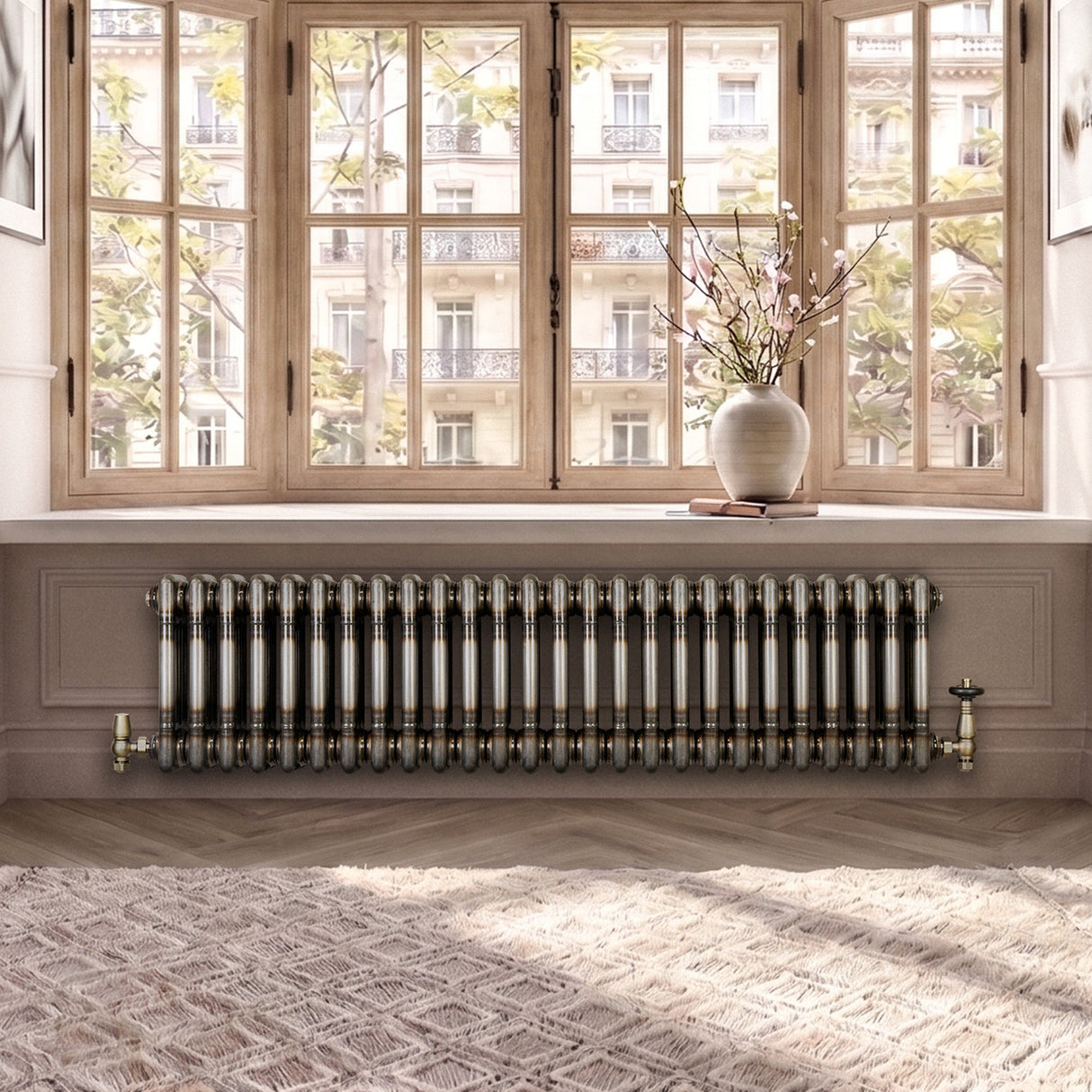 Radiateur Traditionnel à 3 Colonnes & Vannes - 300 x 1190 mm - Métal Brut