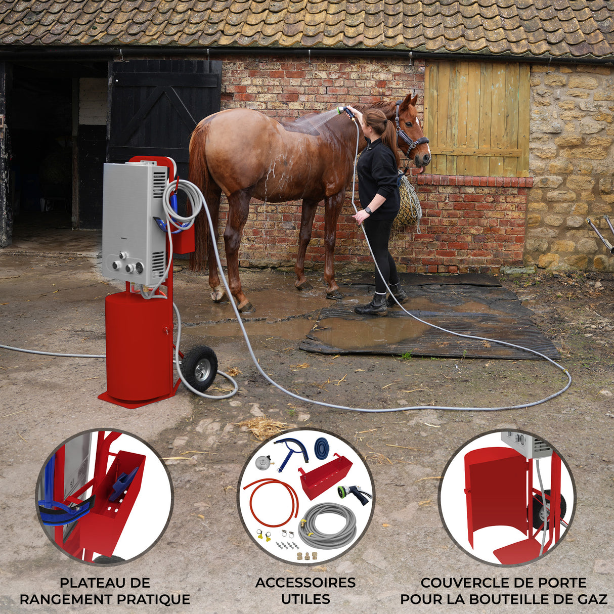 Douche de cheval portable deluxe rouge avec accessoires, plateau de rangement et tuyaux, utilisée pour laver un cheval dans une écurie