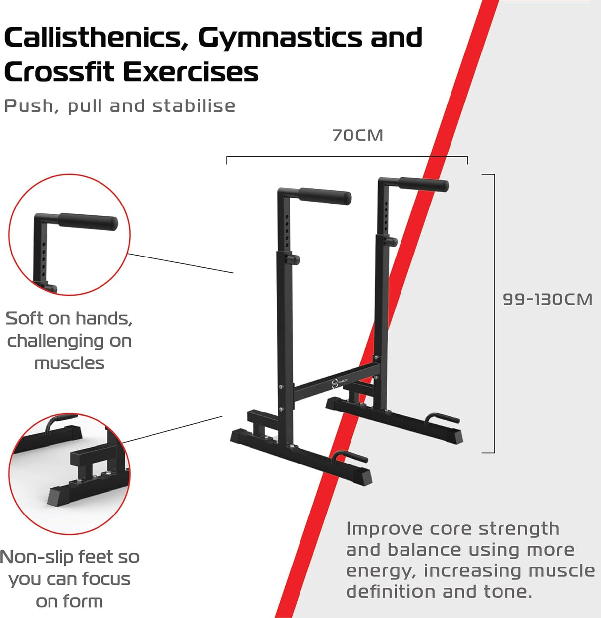 Barres parallèles XL en métal noir, avec poignées antidérapantes, ajustables de 99 à 130 cm, idéales pour les exercices de musculation