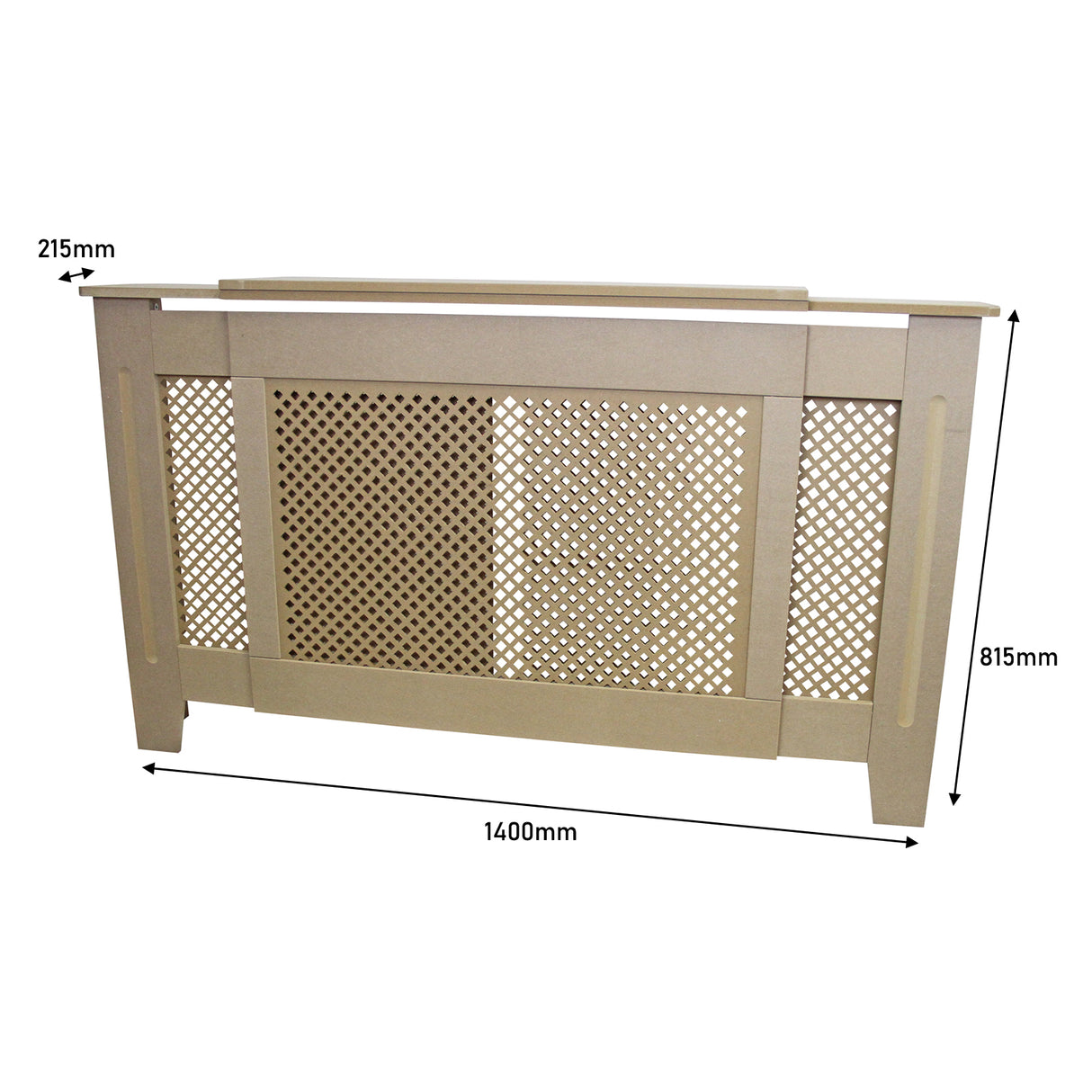 Cache radiateur en MDF naturel ajustable, couleur beige, avec une finition lisse et un design ajouré élégant, dimensions 140 cm à 192 cm