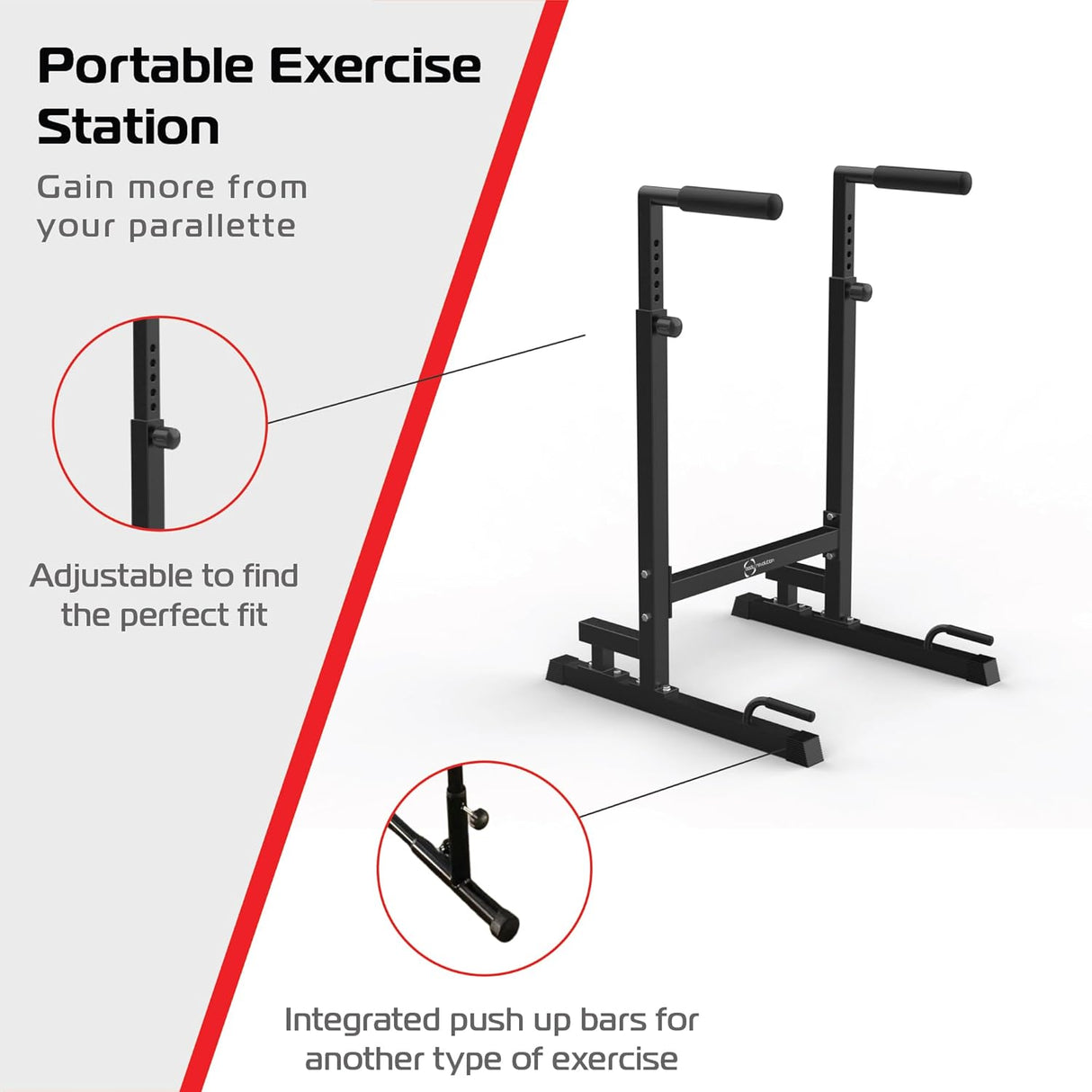 Barres parallèles XL noires, ajustables en hauteur, avec poignées ergonomiques pour un entraînement polyvalent et confortable