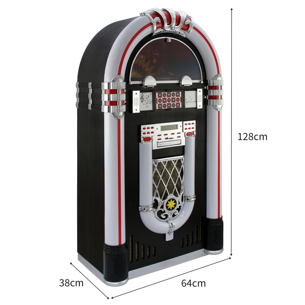 Juke-box rétro noir et argent, avec des détails chromés, un écran numérique et des boutons, mesurant 128 cm de hauteur