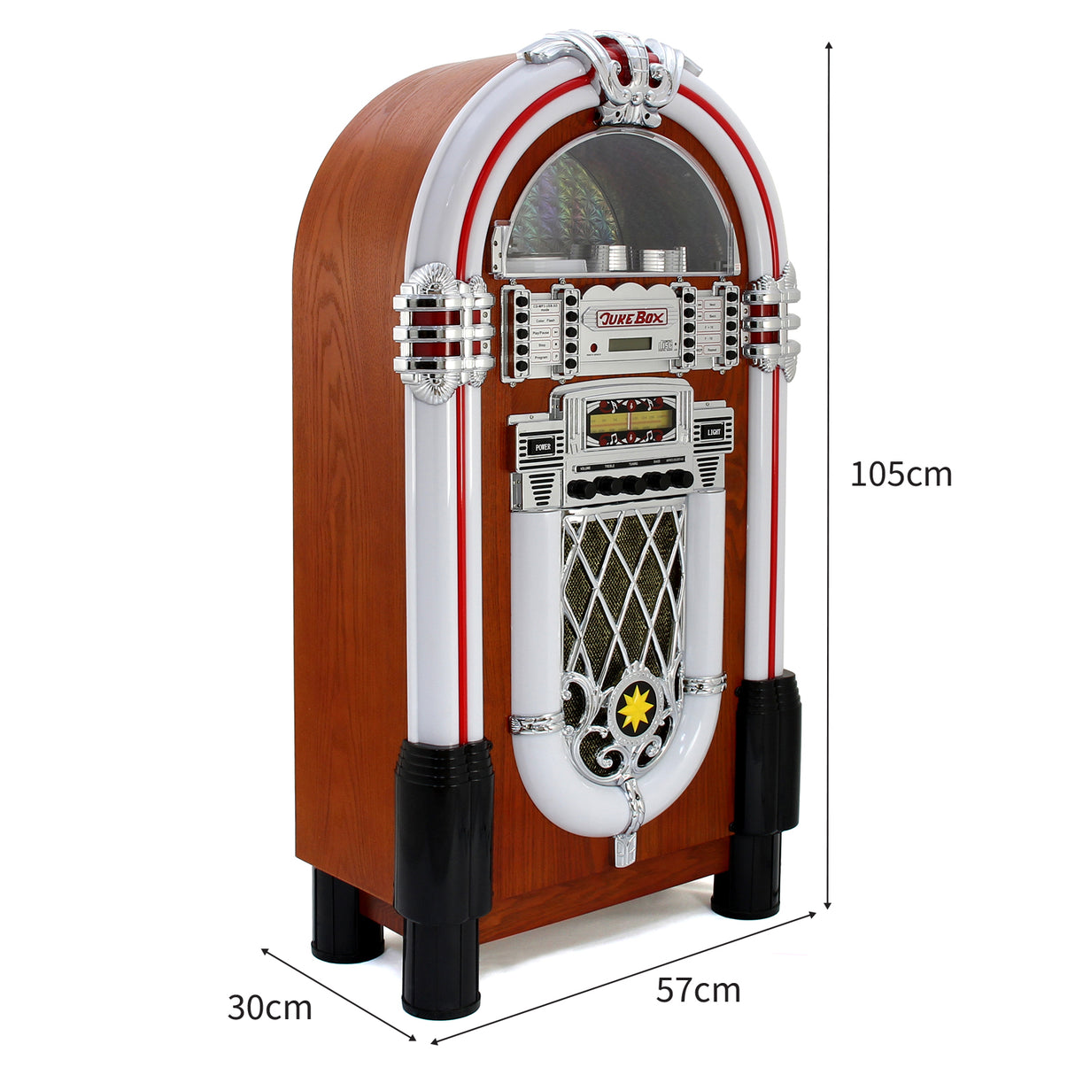 Juke-box rétro en bois brun avec accents chromés, affichant un design vintage, des boutons colorés et une porte-CD intégrée