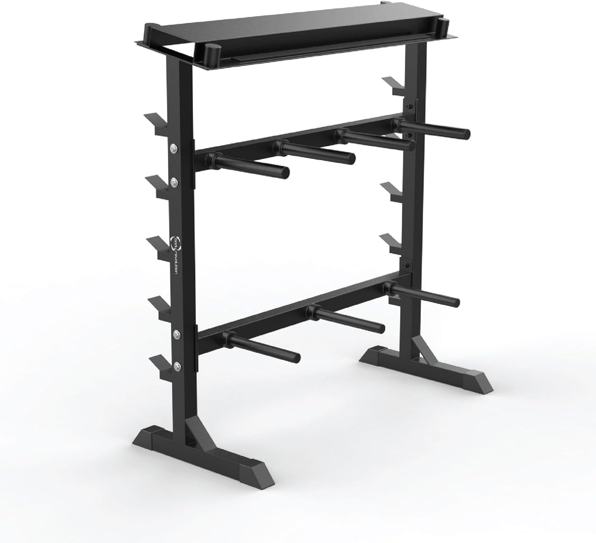 Support d’haltères multi-fonction en métal noir, avec plusieurs barres pour ranger les poids, design robuste et moderne, idéal pour la salle de sport