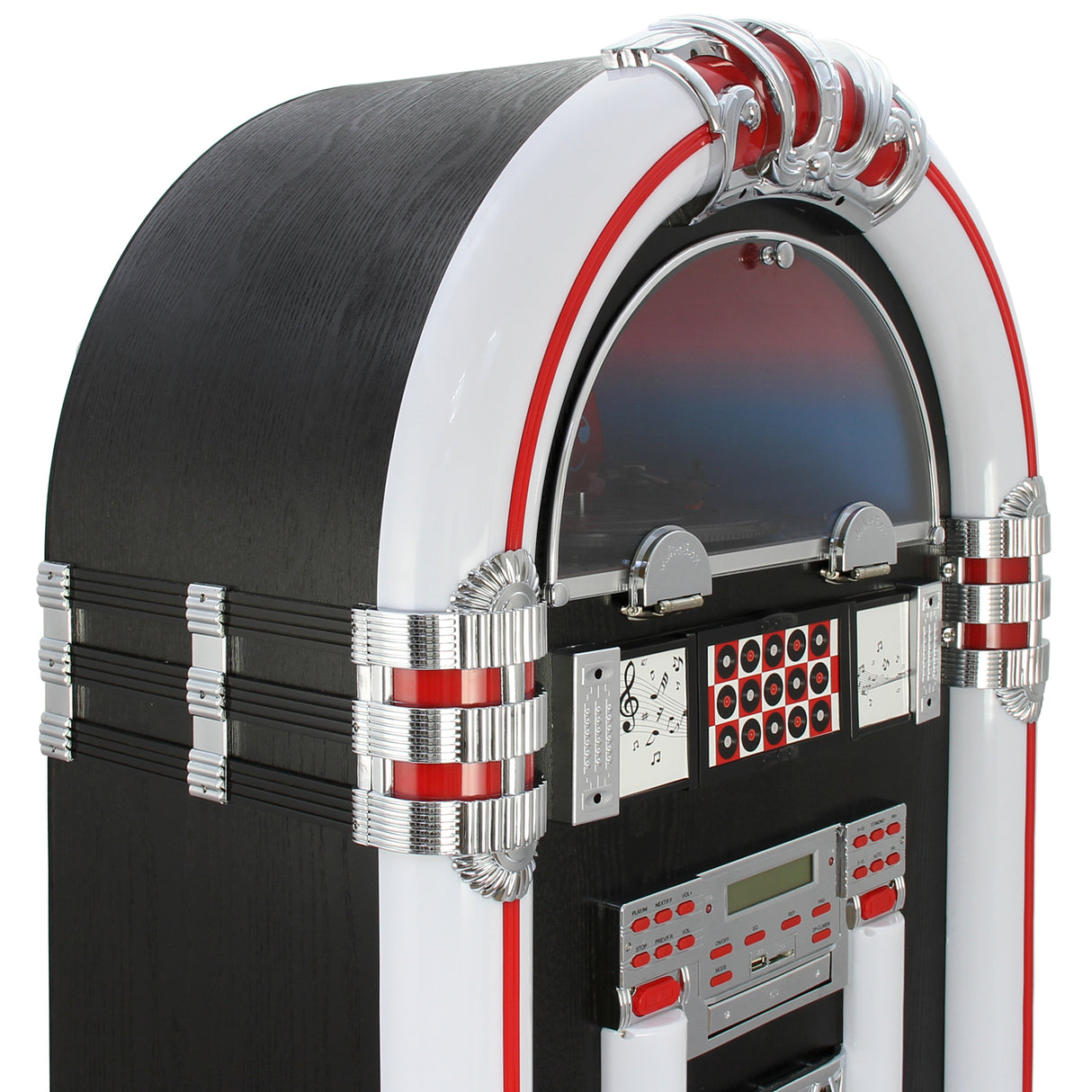 Juke-box rétro en bois noir et blanc, avec des accents argentés, affichant un écran et des boutons colorés pour CD et Bluetooth