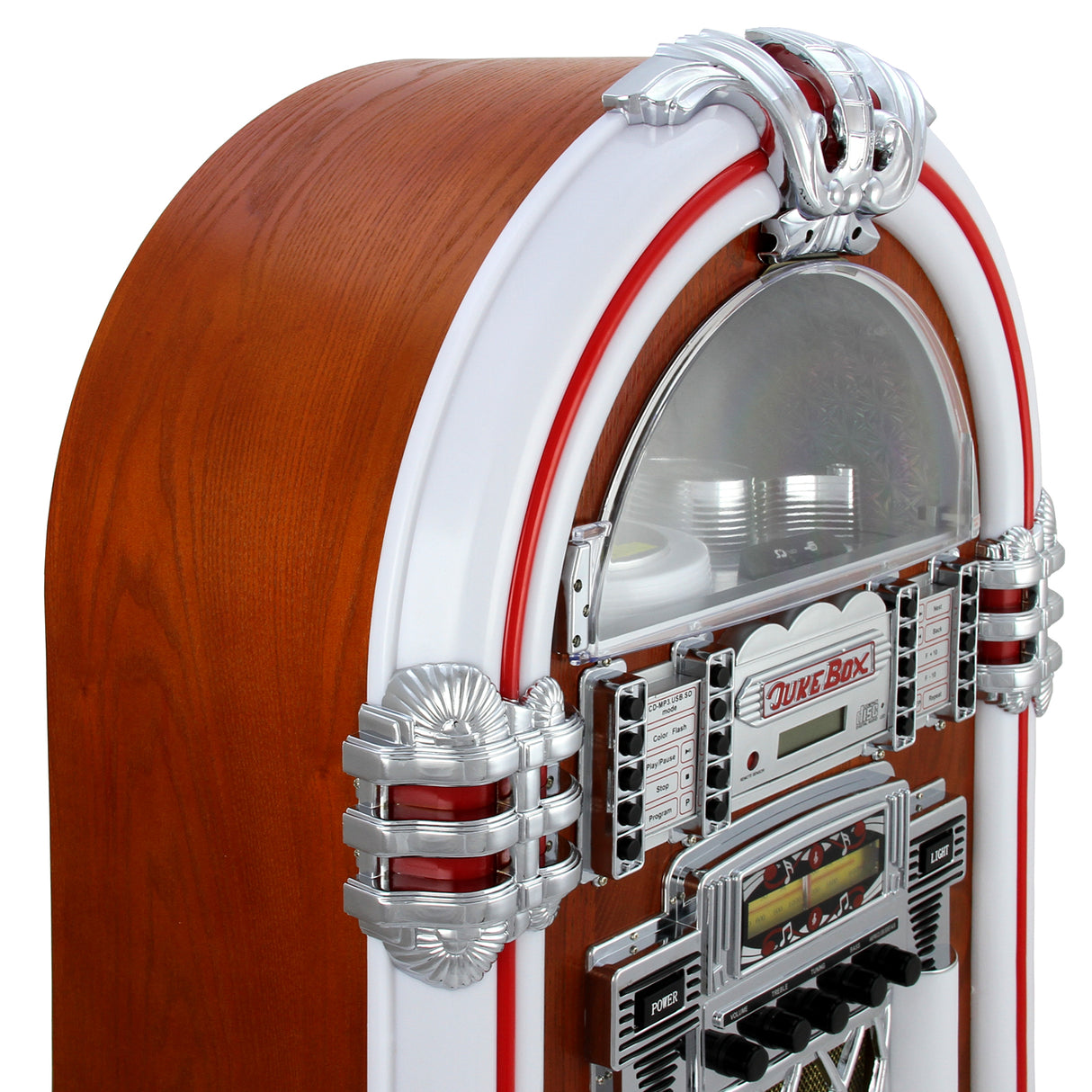 Juke-box rétro en bois avec finition brillante, accents argentés, boutons colorés et écran transparent pour CD et Bluetooth